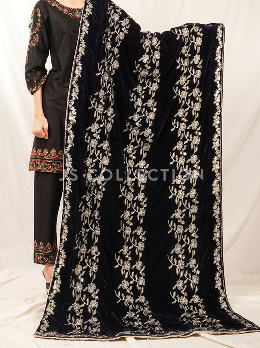 Black Embroidered Velvet Shawl - VS9227