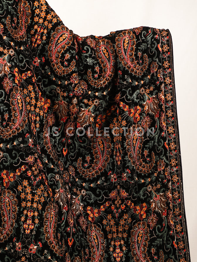 Black Embroidered Velvet Shawl - VS9245