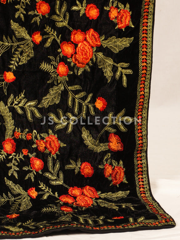 Black Embroidered Velvet Shawl - VS9246