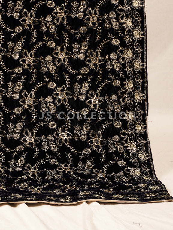 Black Embroidered Velvet Shawl - VS9247