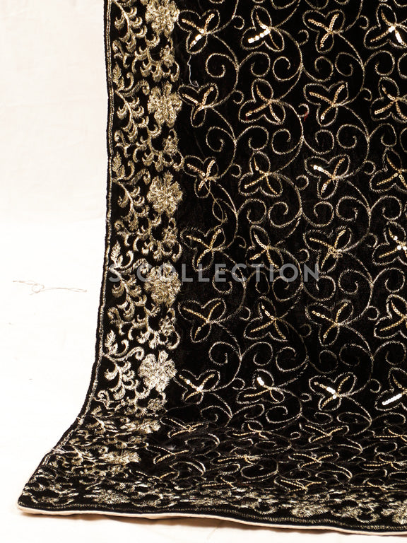 Black Embroidered Velvet Shawl - VS9258
