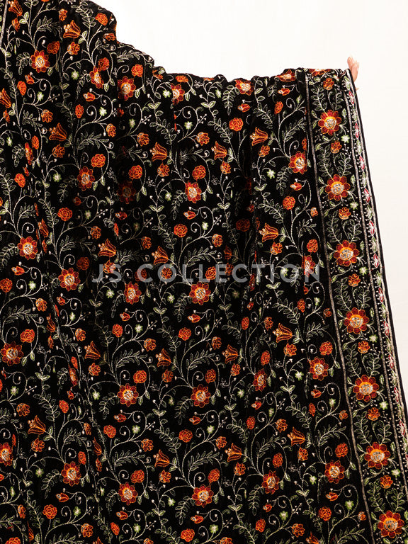 Black Embroidered Velvet Shawl - VS9262