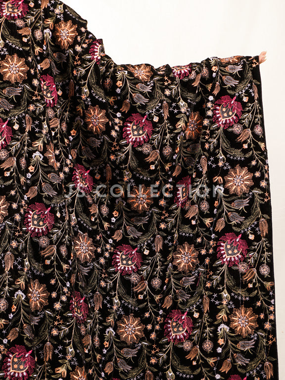 Black Embroidered Velvet Shawl - VS9263