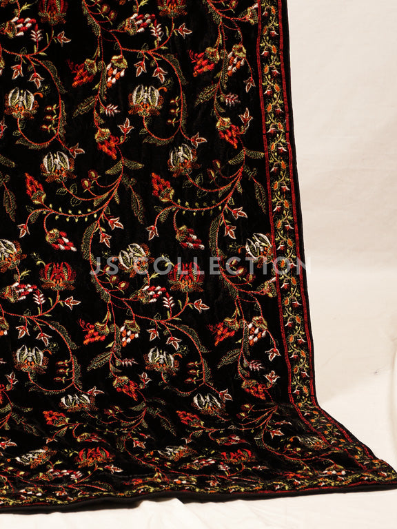Black Embroidered Velvet Shawl - VS9264