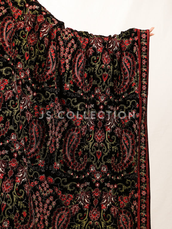 Black Embroidered Velvet Shawl - VS9265