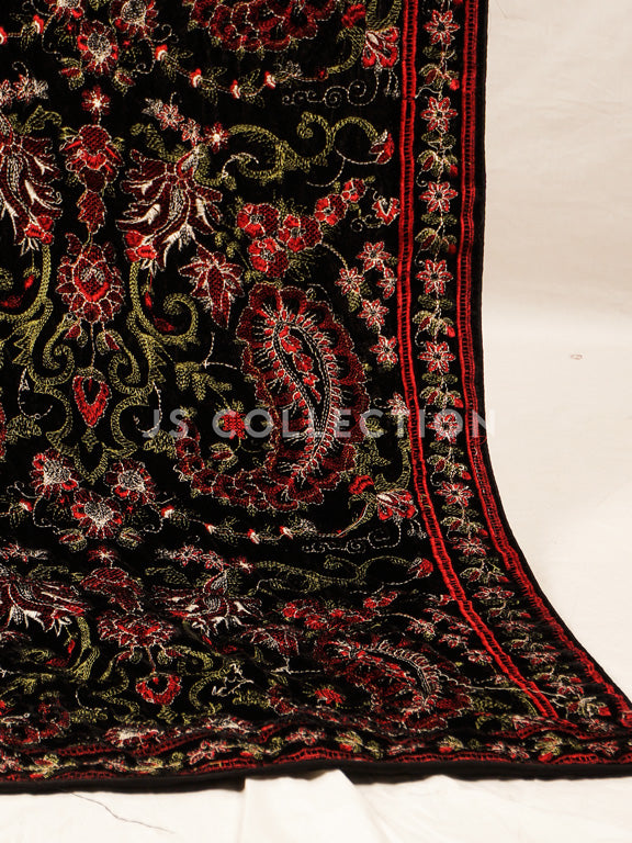 Black Embroidered Velvet Shawl - VS9265