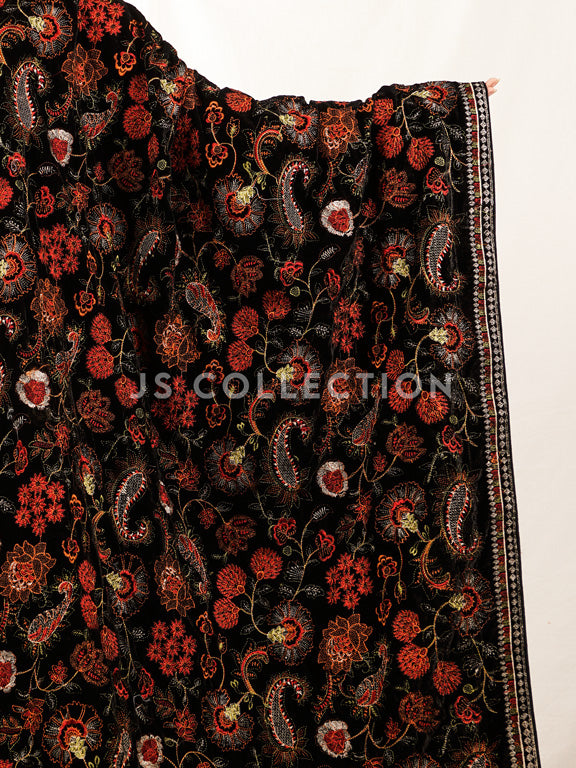 Black Embroidered Velvet Shawl - VS9266