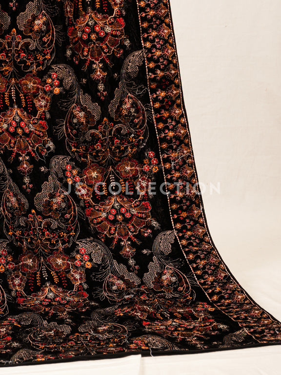 Black Embroidered Velvet Shawl - VS9267