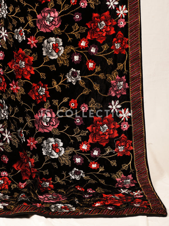 Black Embroidered Velvet Shawl - VS9268