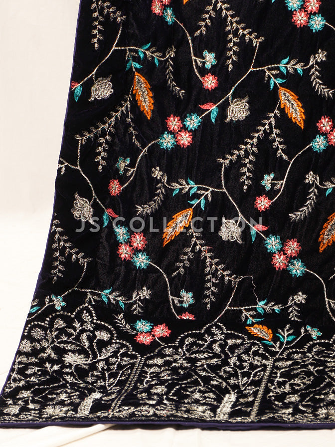 Black Embroidered Velvet Shawl - VS9235
