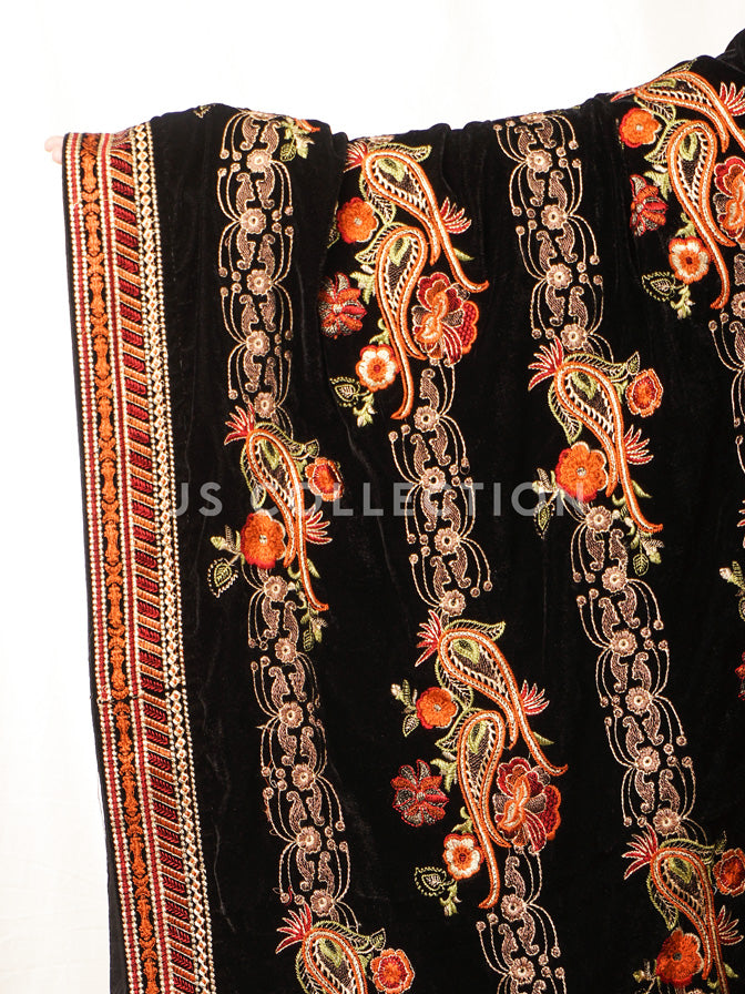 Black Embroidered Velvet Shawl - VS9239