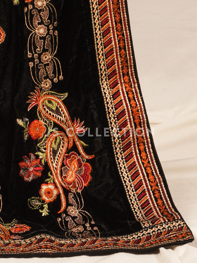 Black Embroidered Velvet Shawl - VS9239