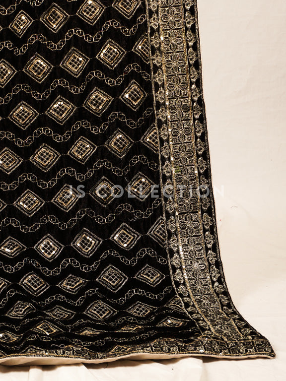 Black Embroidered Velvet Shawl - VS9255