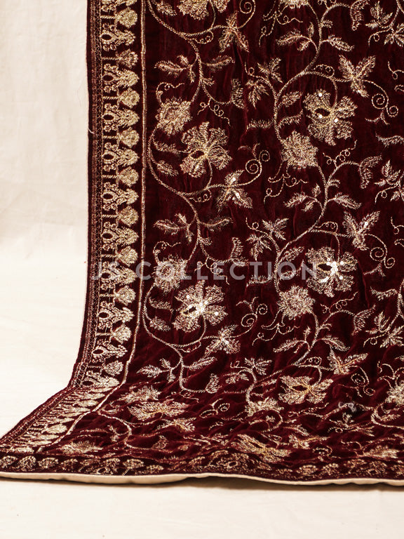 Burgundy Embroidered Velvet Shawl - VS9248