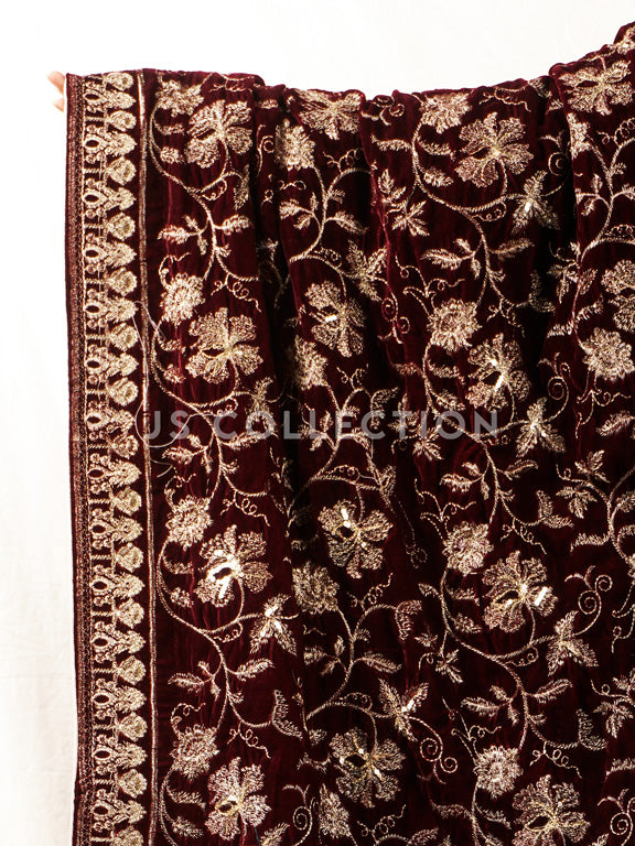 Burgundy Embroidered Velvet Shawl - VS9248