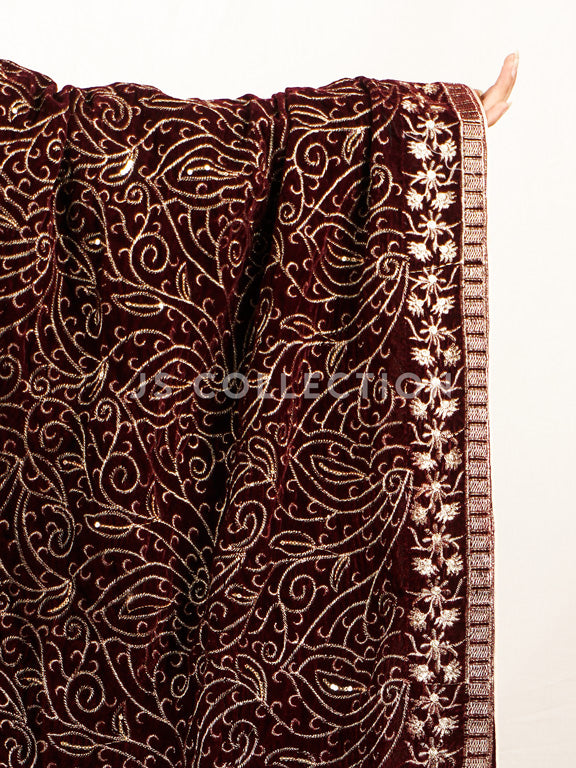 Burgundy Embroidered Velvet Shawl - VS9249