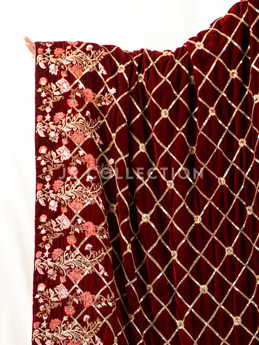 Maroon Embroidered Velvet Shawl - VS9250