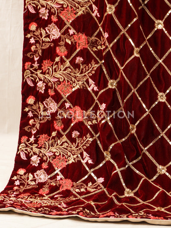 Maroon Embroidered Velvet Shawl - VS9250
