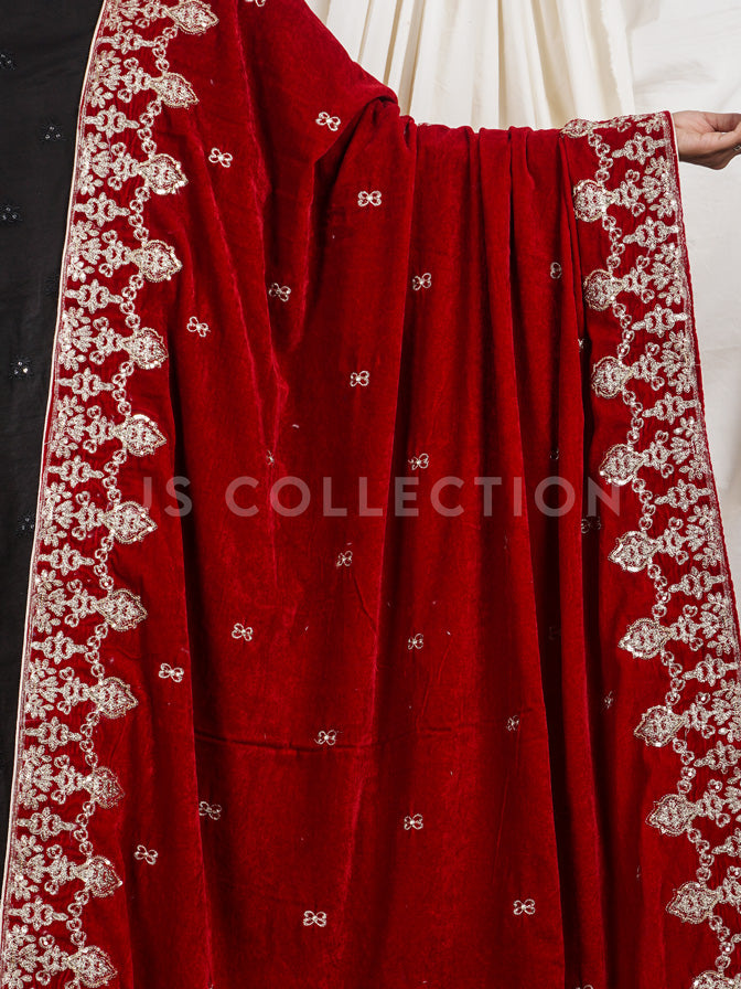 Red Embroidered Velvet Shawl - VS9280