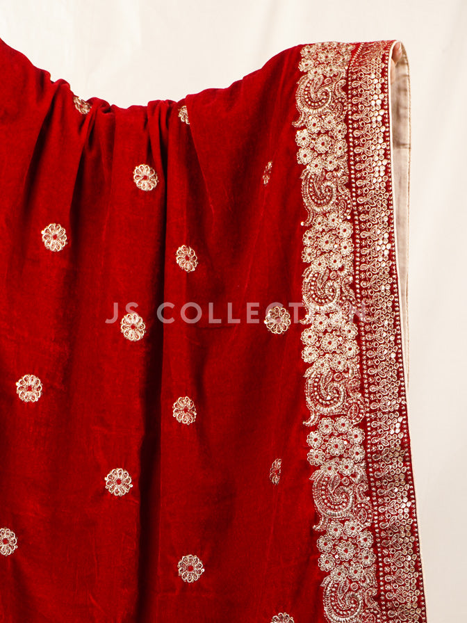 Red Embroidered Velvet Shawl - VS9234