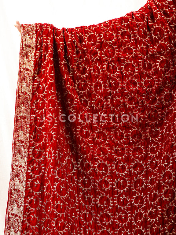 Red Embroidered Velvet Shawl - VS9261