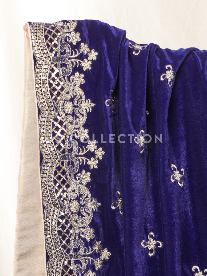 Royal Blue Embroidered Velvet Shawl - VS9230